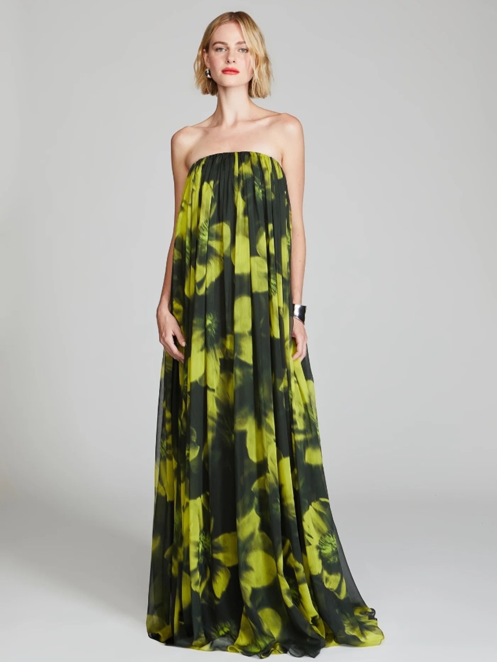 Halston Claudette Strapless Floral-Print Trapeze Gown